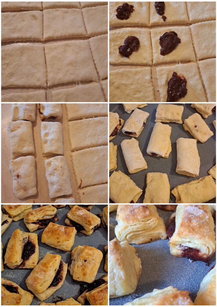Multiple images showing dough squares being cut, filled with plum jam, folded, arranged in a baking pan, baked, and dusted with vanilla sugar.