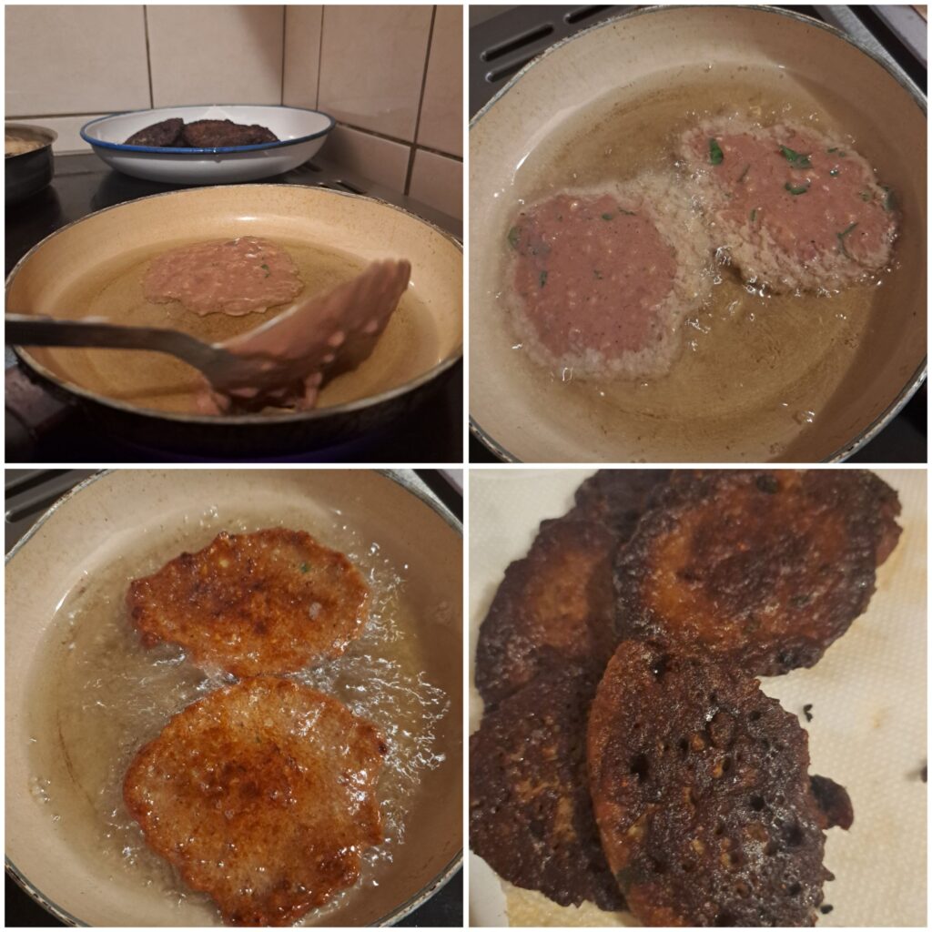 A collage showing the patties placed in the pan with a large spoon, frying in the pan, and then resting on kitchen paper.