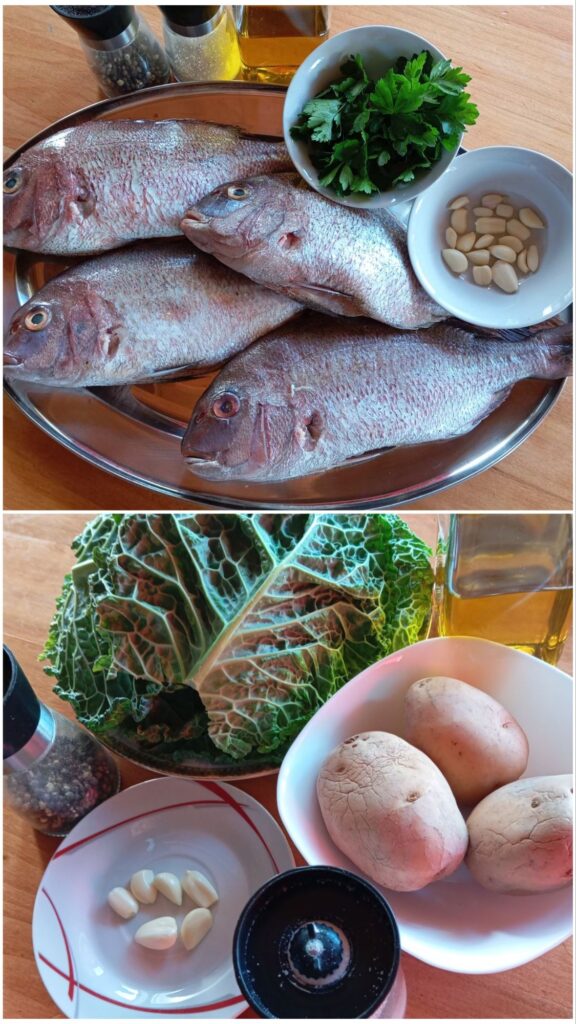 Two images showing ingredients for Baked Red Seabream Delight: one with fish, garlic, fish seasoning, pepper, parsley, and olive oil; the other with potatoes, kale, salt, pepper, olive oil, and garlic.