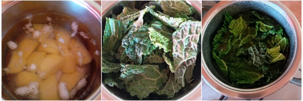 Three-step collage showing boiling potatoes, adding chopped kale, and fully cooked potatoes and kale in a deep pot.