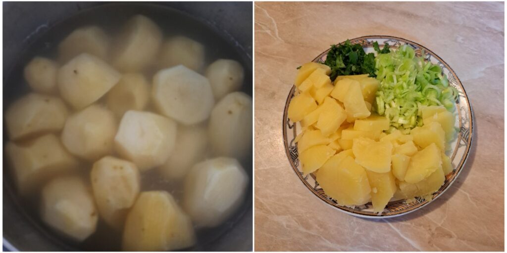 Potatoes boiling in a pot and arranged on a flat plate with leek and parsley before mixing.