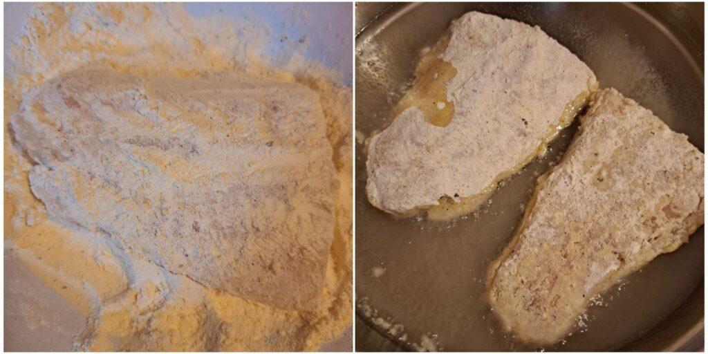 Pangasius fillets coated in flour and frying in a pan with olive oil.