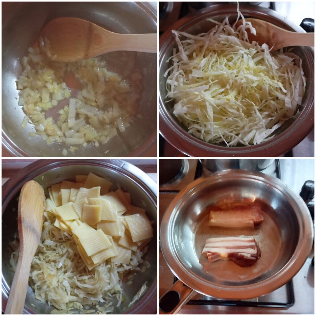 Four-panel collage showing sautéing onion, adding cabbage, adding pasta squares to the onion and cabbage, and frying bacon in a separate pan.