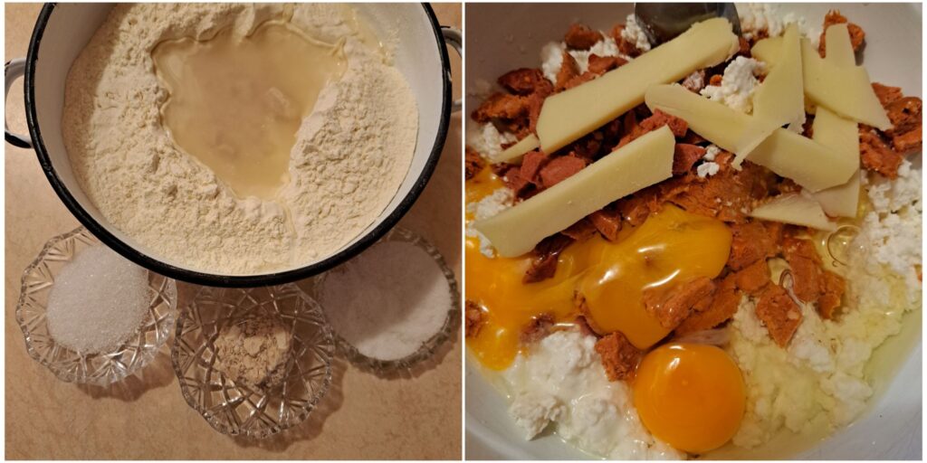 Two combined images showing dough and filling ingredients for Cheesy Sujuk Stuffed Piroshki.