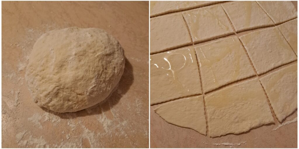 Two combined images showing dough on a floured surface and cut into rectangles for Cheesy Sujuk Stuffed Piroshki.