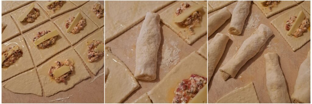 Three combined images showing filling placement, rolling, and multiple rolled Cheesy Sujuk Stuffed Piroshki ready to fry.