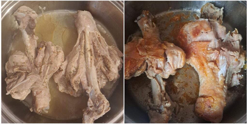 Two images showing turkey drumsticks at the start of frying and after browning in a pan with closed lid.