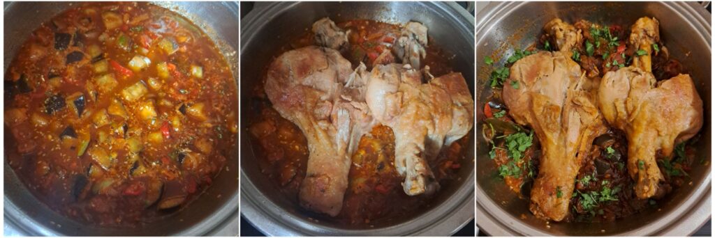 Three combined images displaying cooked vegetable sauce, adding the drumsticks to the pan, and the final simmered dish.