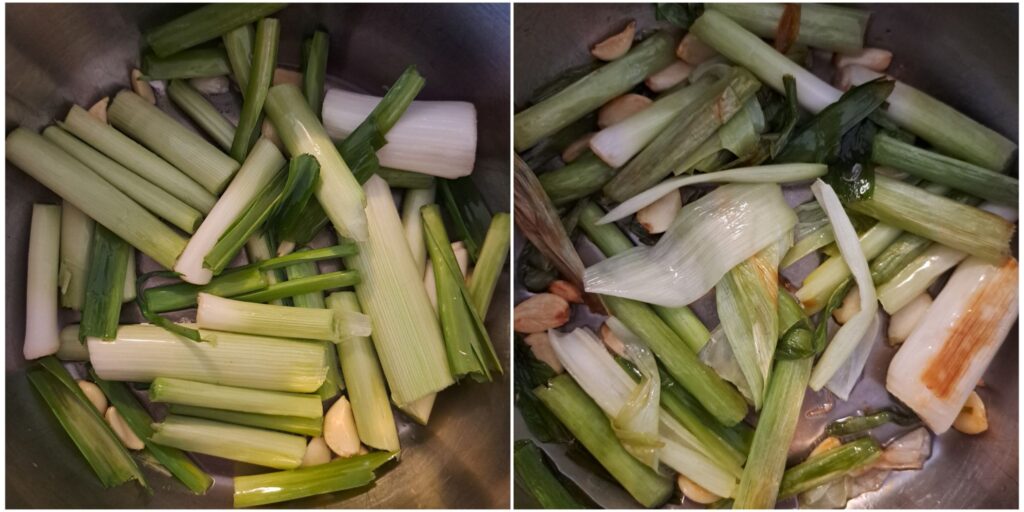 A combined image showing leek pieces and whole garlic cloves in a pot, first raw and then lightly sautéed in olive oil.