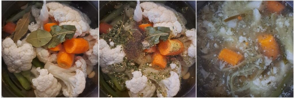 A combined image of three stages: cauliflower and carrot pieces added to the pot with spices, water poured in, and the soup simmering until cooked.