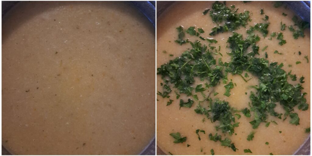 A combined image showing Cauliflower Leek Carrot Soup after blending and then stirred with chopped parsley in the pot.