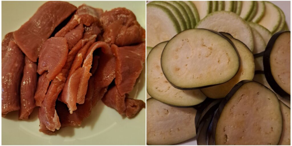 Combined image showing thinly sliced meat on one side and thin zucchini and eggplant rounds on the other side.