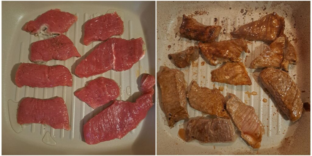 Combined image of meat placed on a grill pan on one side and flipped meat cooking on the other side.