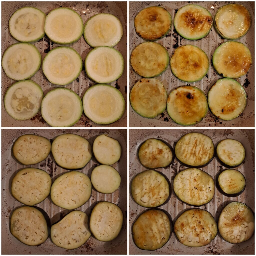 Combined image showing zucchini and eggplant on the grill pan and the finished grilled slices.