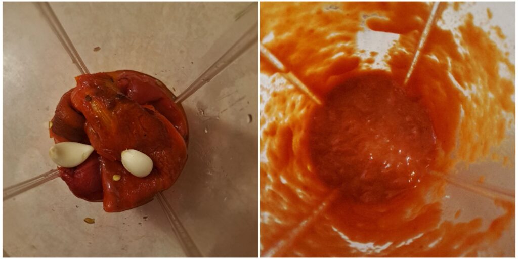 Combined image showing peppers, garlic, salt, and olive oil in a blender on one side and the blended mixture on the other side.