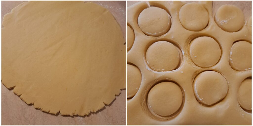 Two-step collage showing rolling the dough to 5 mm thickness and cutting circles with a small glass.