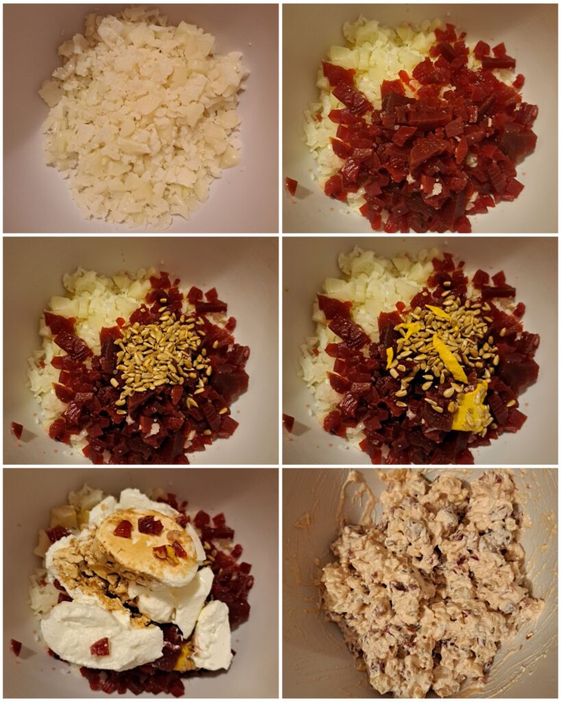 Six-step collage showing the process of adding ingredients into a deep bowl and mixing them into a creamy salad.