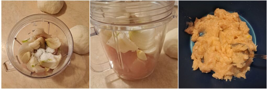 Chicken steak, onion, and garlic being blended into a creamy mixture, transferred into a deep bowl for the filling.
