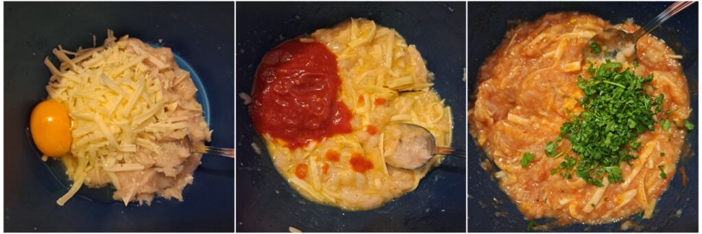 Grated cheese, egg, tomato paste, parsley, salt, and pepper added to the blended chicken mixture and stirred together until smooth and combined.