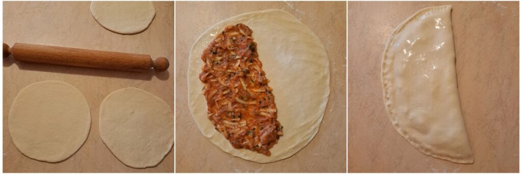 Three rolled dough pieces, one with filling placed on it, and one folded over, showing preparation of Creamy Chicken Grill Flats.