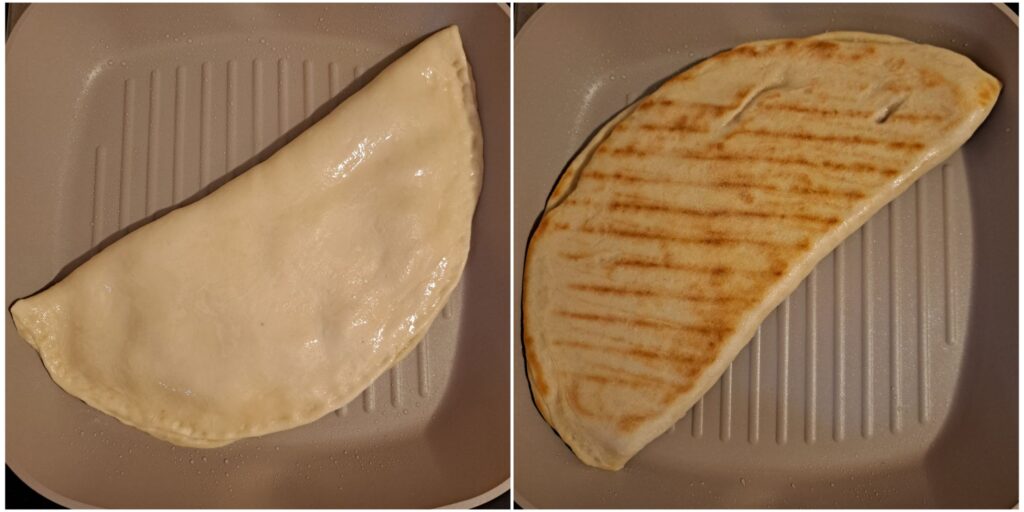 Folded Creamy Chicken Flat cooking on a grill pan, shown before and after flipping for an even golden crust.