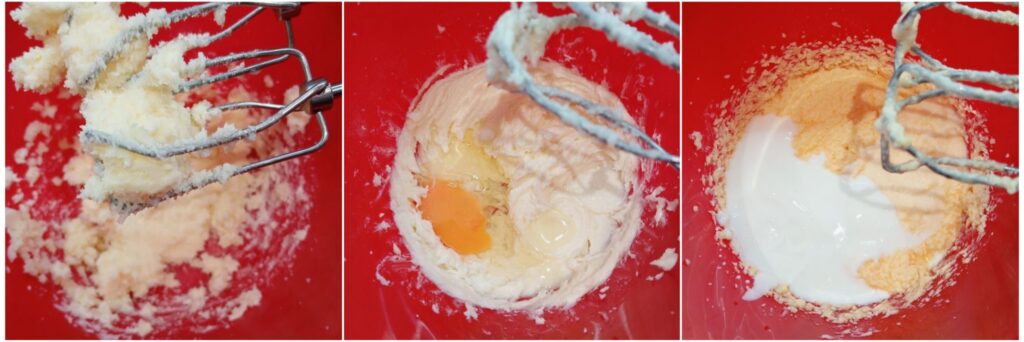 Three combined images showing the steps: creaming butter with sugar and vanilla, adding eggs, and adding yogurt.