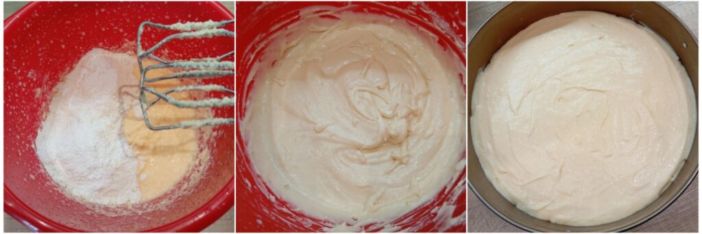 Three combined images showing adding flour with baking powder, whipped batter in a bowl, and transferring it into a pan.