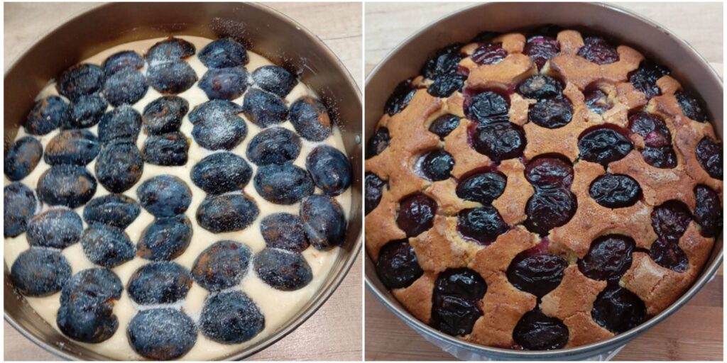 Two combined images showing the Simple Blue Plum Cake with arranged plums before baking and the cake after baking.