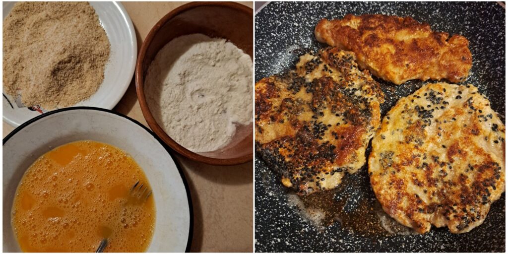 Steps showing breading ingredients and frying pork schnitzels.