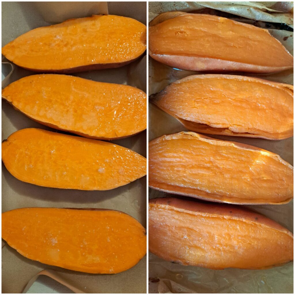 Two images of sweet potatoes on baking paper in a tray, showing before and after baking.