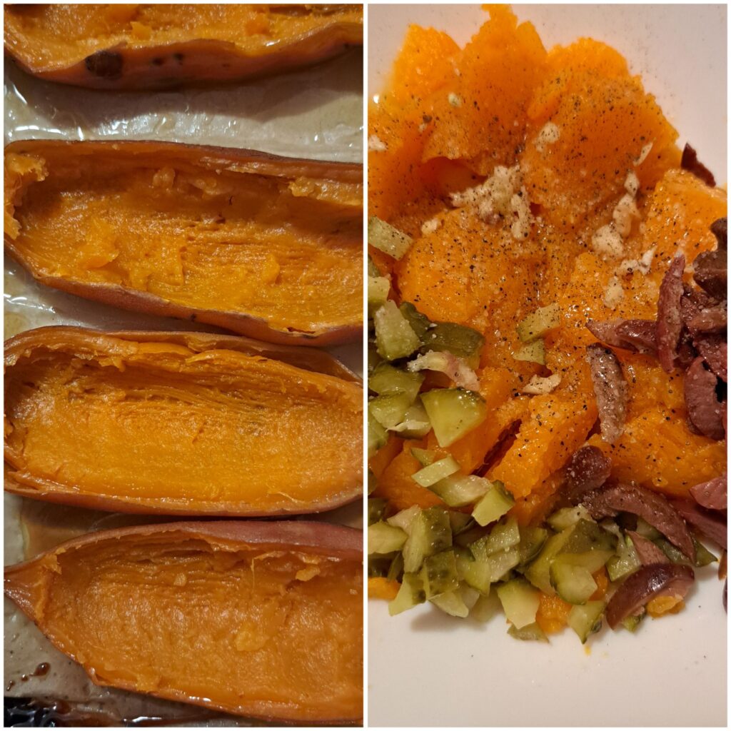 Two images: first shows sweet potato halves with the centers removed, second shows the mixture of scooped sweet potato, chopped olives, pickles, garlic, olive oil, salt, and pepper ready to be returned to the skins.