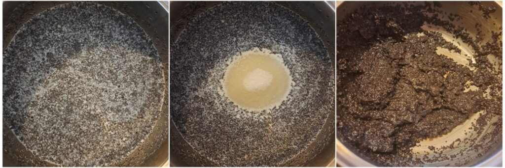 Three-step collage showing poppy seeds mixed with milk, sugar added while stirring, and a finished thick poppy seed filling in a saucepan.