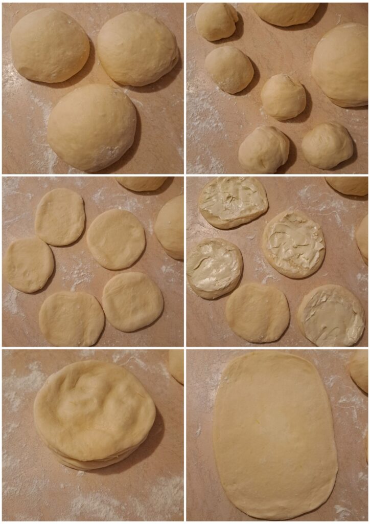 Six-step collage showing dough divided into three parts, one part split into five balls, buttered layers stacked together, and rolled into a thin sheet.