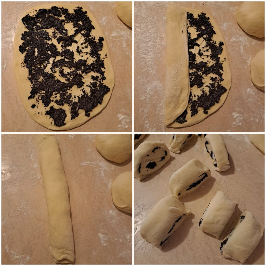 Four-step collage showing poppy seed filling spread on dough, dough rolled into a log, and the rolled dough cut into even pieces.