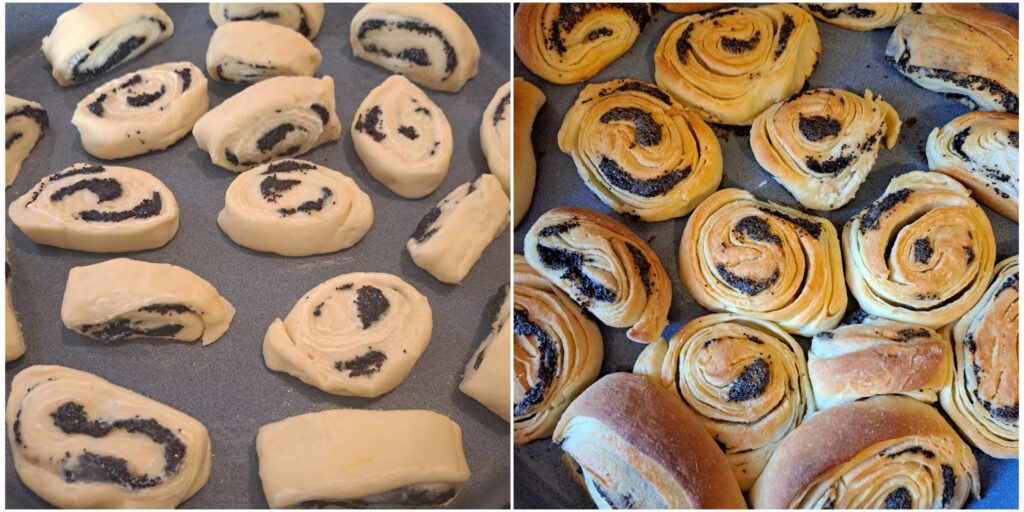 Two-image collage showing Flaky Poppy Seed Rolls arranged in a baking dish before baking and fully baked with golden, flaky layers.