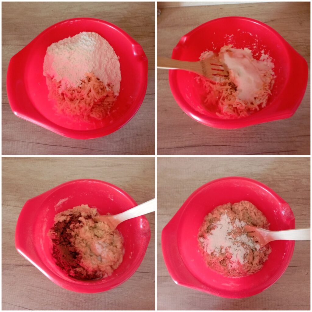 Four combined images showing the step by step mixing of cake batter.