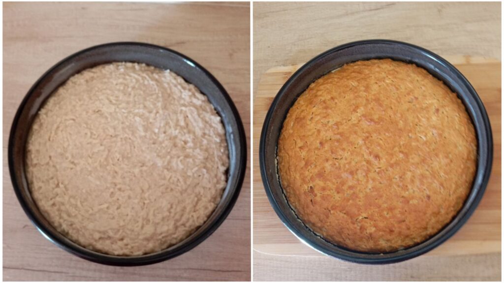Two combined images showing the cake batter before baking and the baked cake.