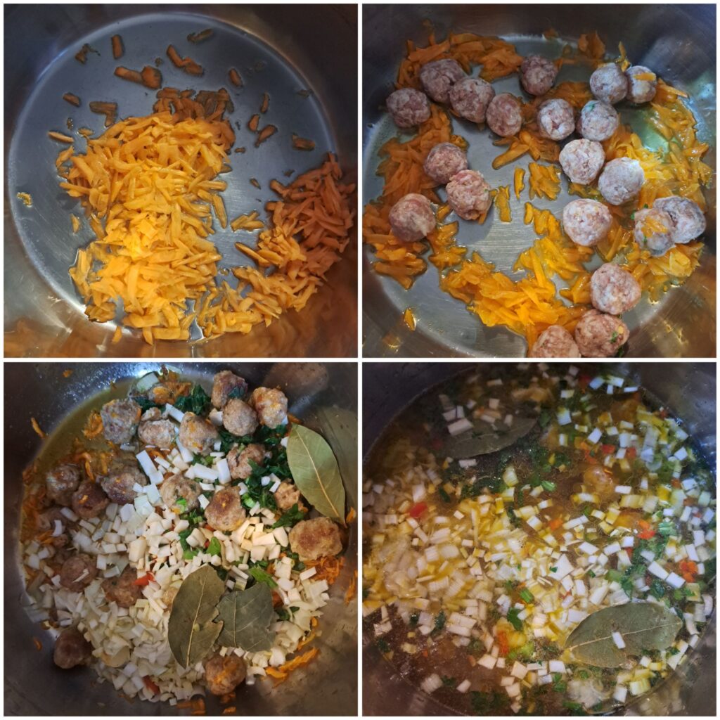 Four images showing grated carrot sautéing, adding beef meatballs, adding chopped vegetables, and pouring water into the pot for soup base.