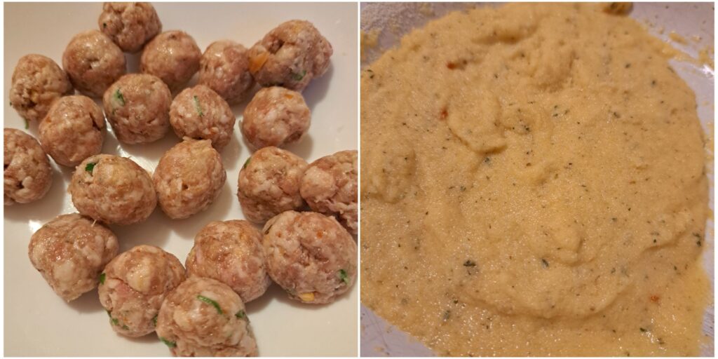 Two images showing prepared beef meatballs ready for cooking and a bowl of egg and semolina mixture resting for dumplings.