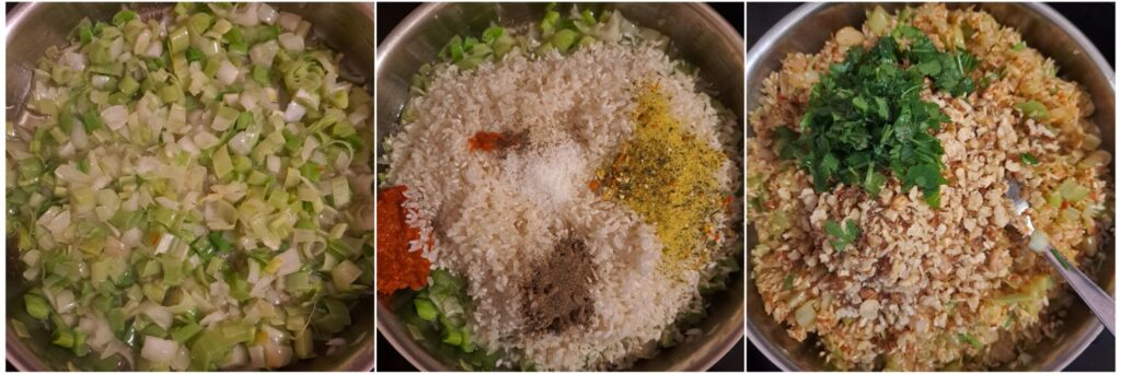 Step-by-step preparation of the filling with rice walnuts onion and leek in a pan.