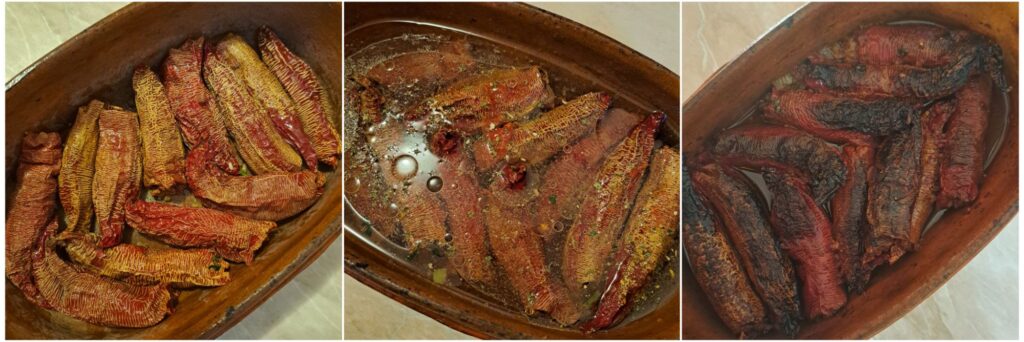 Stuffed dried peppers arranged in a ceramic baking dish with water and oil before and after baking.