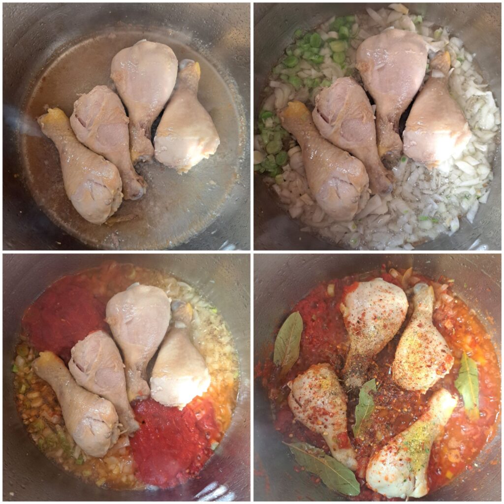 Four step images showing chicken drumsticks browning in a pot, followed by onion and leek sautéing, tomato sauce added, and spices mixed in before adding vegetables.