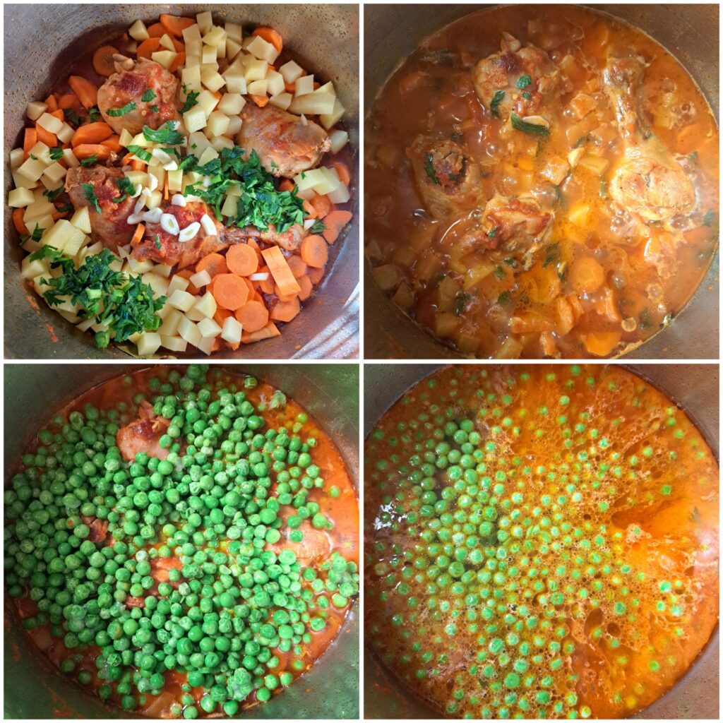 Four step images showing chopped carrots and potatoes added to the pot, followed by garlic and celery leaves, peas mixed in, and the stew simmering until thickened.