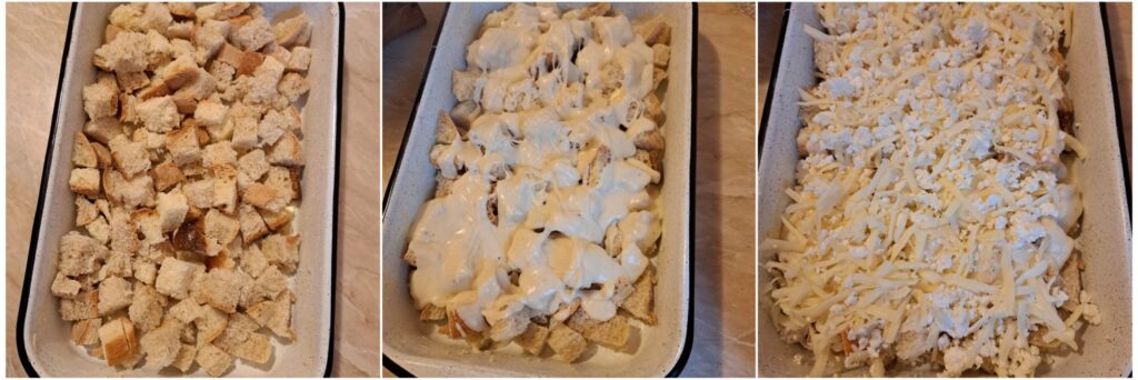 Half of the bread cubes placed in a buttered baking dish, topped with half of the béchamel sauce and half of the hard cheese, kashkaval, and mozzarella.