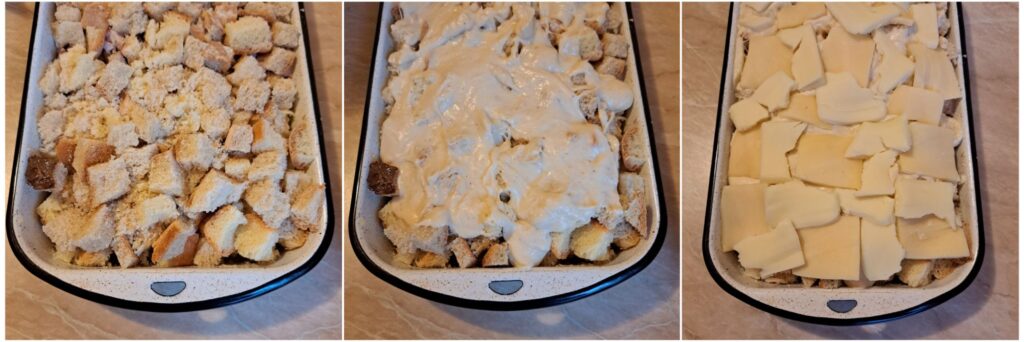 Remaining bread cubes added to the dish, topped with remaining béchamel sauce and the rest of the hard cheese, kashkaval, and mozzarella, ready for baking.