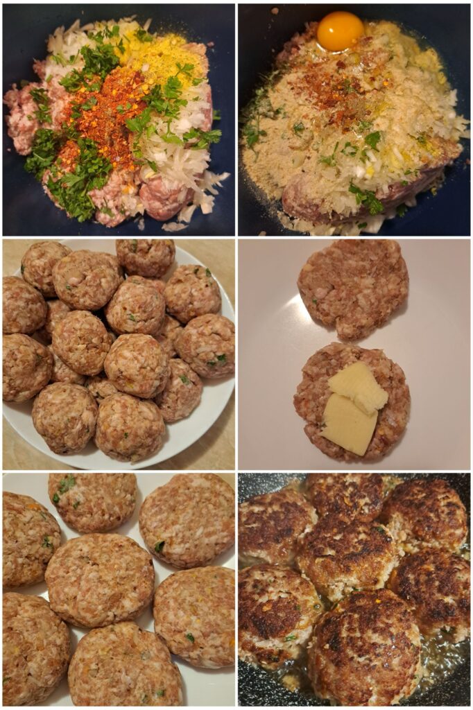 Step-by-step collage showing meat patties preparation, from mixing the meat mixture to frying the patties in a pan.