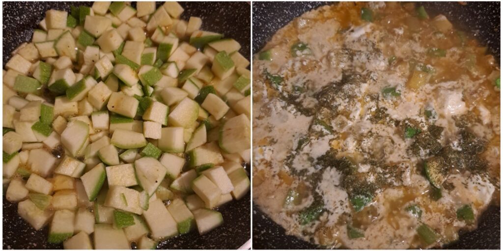 Two-step collage showing zucchini sautéing in a pan and finishing with sour cream, garlic, dill, and seasoning.