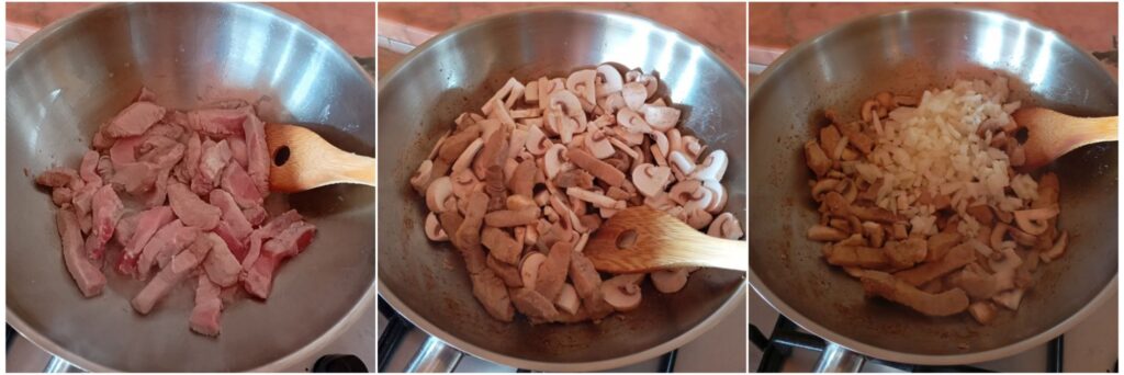 Three-step cooking sequence showing pork braising in a pan, mushrooms added to the meat, and onion added after the mushrooms.