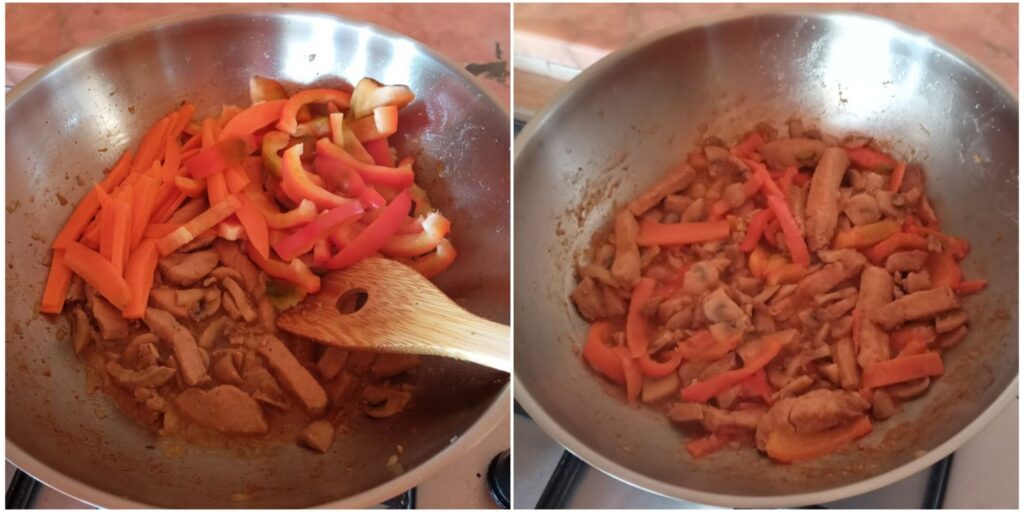 Two-step cooking sequence showing bell pepper and carrot added to the pan, followed by passata and the finished mixture in the pan.