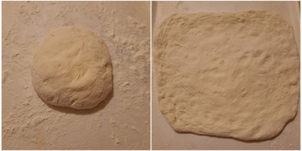 Dough shaped into a ball placed next to dough stretched by hand into a flat square.